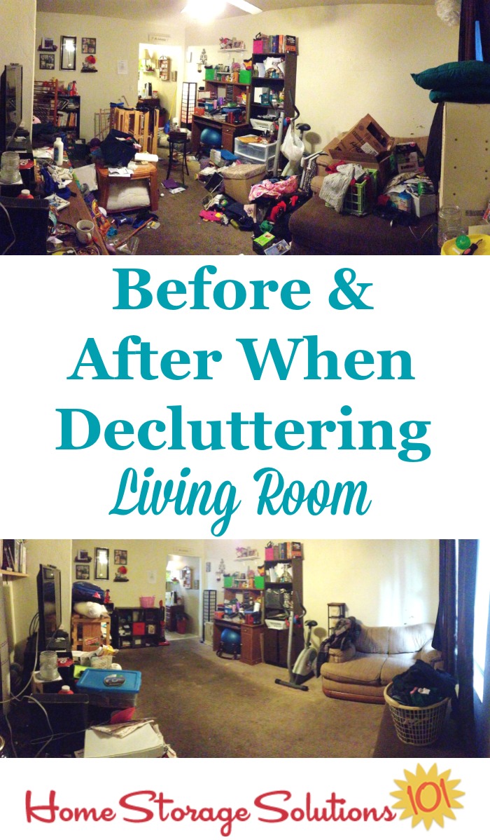 Before and after when decluttering living room {on Home Storage Solutions 101}