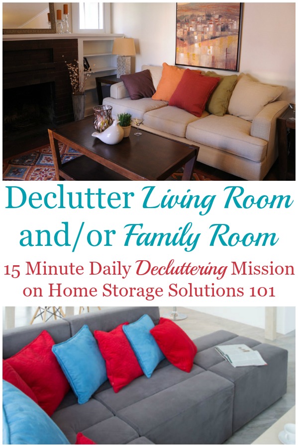 How to declutter your living room or family room 15 minutes at a time {one of the Declutter 365 missions on Home Storage Solutions 101} #DeclutterLivingRoom #DeclutterFamilyRoom #Declutter365