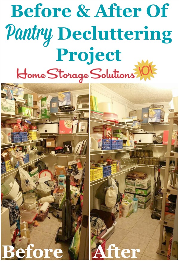 Before and after photos of a reader, Lisa's pantry, after doing the pantry decluttering missions as part of #Declutter365 on Home Storage Solutions 101