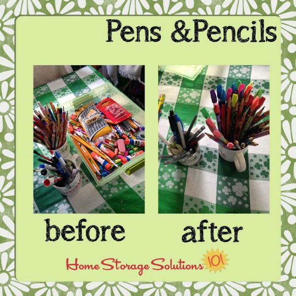 Before and after when a reader, Brandy, did the declutter pens and pencils 15 minute mission as part of the #Declutter365 missions on Home Storage Solutions 101