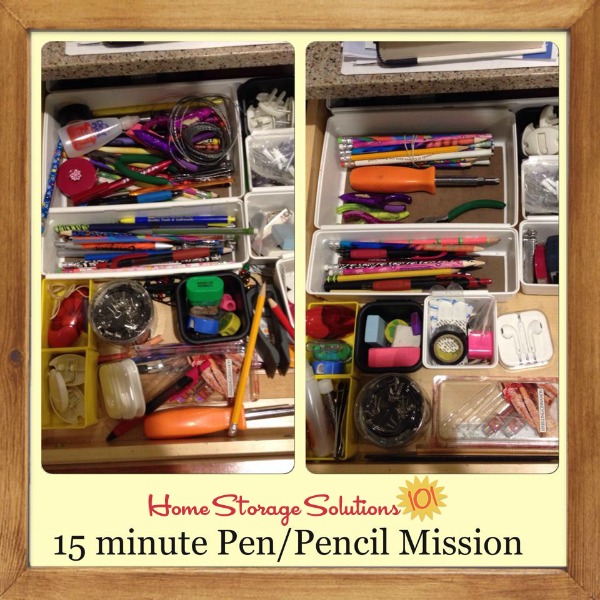 Before and after when a reader, Regina, did the declutter pens and pencils 15 minute mission on Home Storage Solutions 101