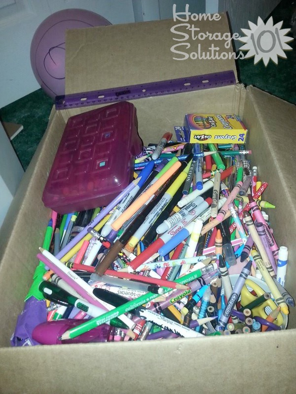 Big box of pens and pencil clutter that Windy will be getting out of her home while doing the #Declutter365 missions on Home Storage Solutions 101