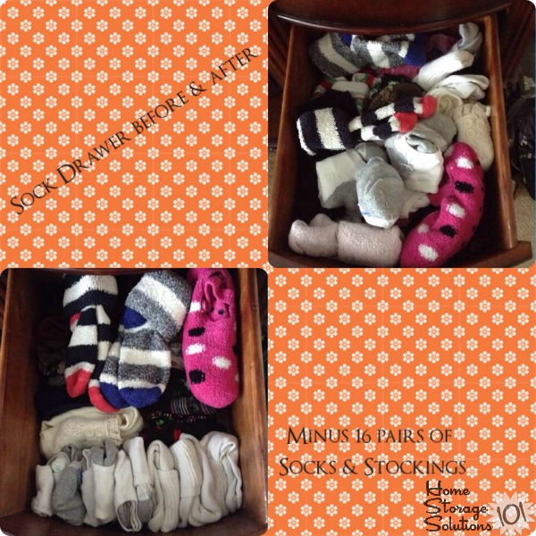 Before and after of sock drawer from a reader, Regina, who did the declutter socks #Declutter365 mission {featured on Home Storage Solutions 101} Before and after of sock drawer from a reader, Regina, who did the declutter socks #Declutter365 mission {featured on Home Storage Solutions 101}