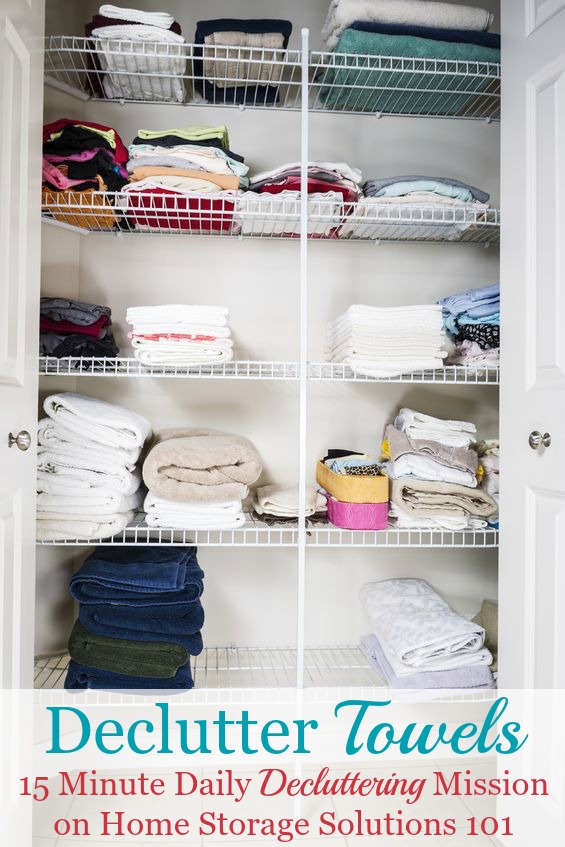 How to declutter towels and washcloths in your bathroom or linen closet, including guidelines for how many towels you should keep for each family member, plus ideas for what to do with the towels you declutter {on Home Storage Solutions 101} #Declutter365 #DeclutterTowels #Decluttering