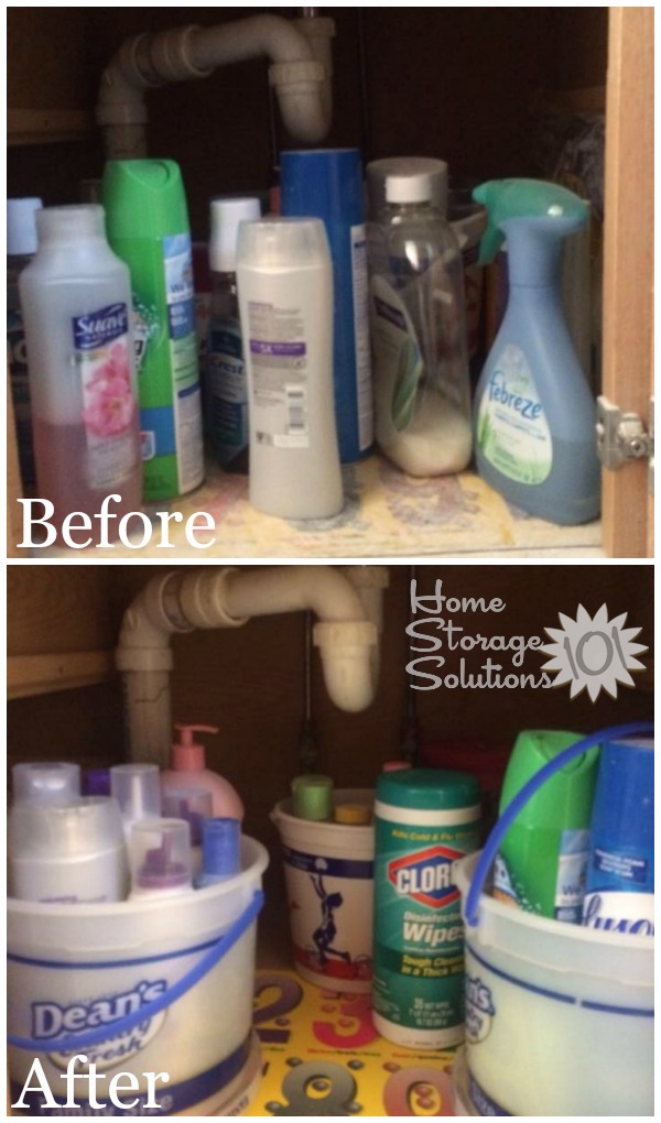 Before and after when Linda did the #Declutter365 mission to declutter under her bathroom sink cabinet {featured on Home Storage Solutions 101}