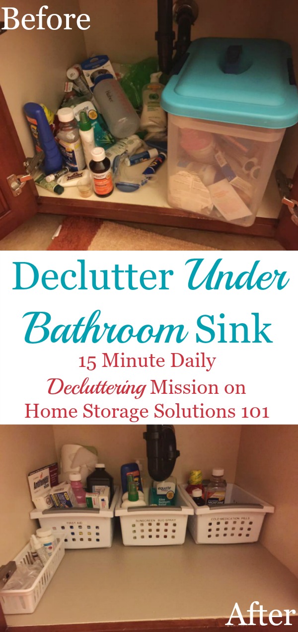 How to declutter under your bathroom sink cabinet, including tips for how to dispose of common items you may find there, and lots of before and after photos from readers who've done this #Declutter365 mission {on Home Storage Solutions 101}