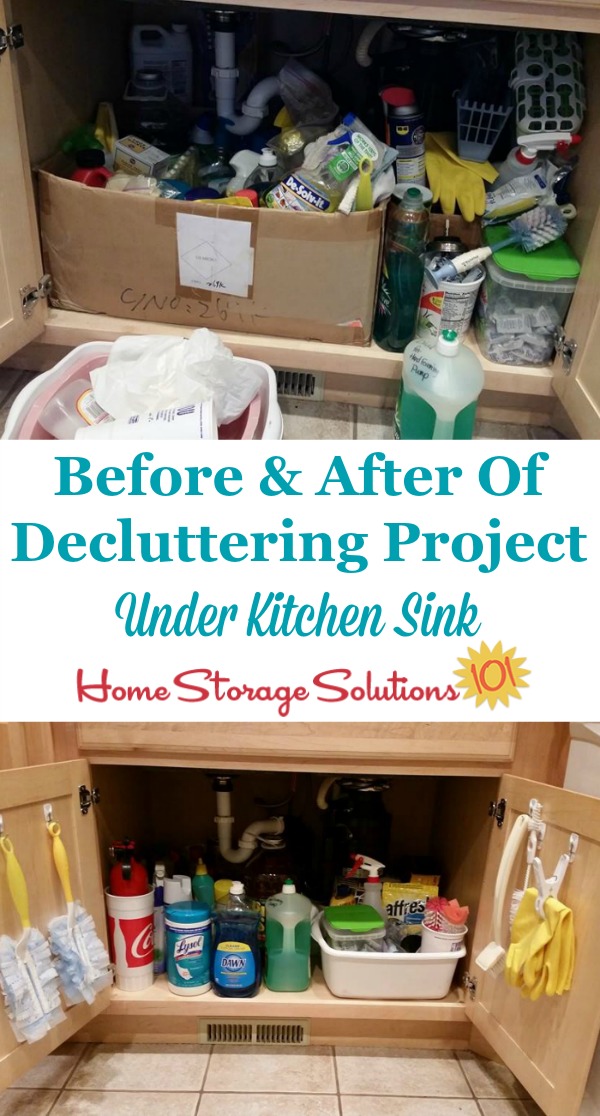 Before and after of decluttering project under the kitchen sink, when a reader, Camisha, did the #Declutter365 mission {featured on Home Storage Solutions 101}