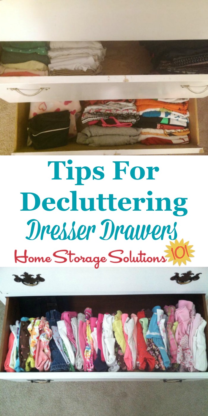 Tips for decluttering dresser drawers for both adults and kids, to keep them easy to open and close, and well organized {on Home Storage Solutions 101}