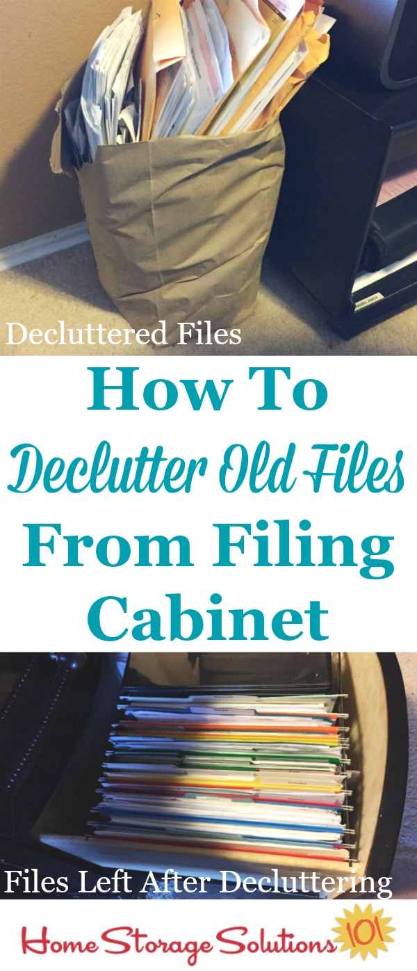 How to declutter old files from your filing cabinet or file box so you can get rid of the paper clutter and instead fit in the new papers that you do need to keep {on Home Storage Solutions 101}