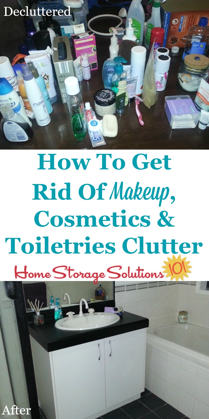 How to get rid of makeup, cosmetics, toiletries and similar beauty and personal care products in your home that you're ready to declutter, plus tips for what to do with the stuff you've decided to remove from your home {on Home Storage Solutions 101}