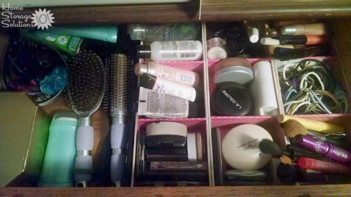 Decluttered and organized makeup drawer from a reader, Robin, who did the declutter makeup and toiletries Declutter 365 missions on Home Storage Solutions 101