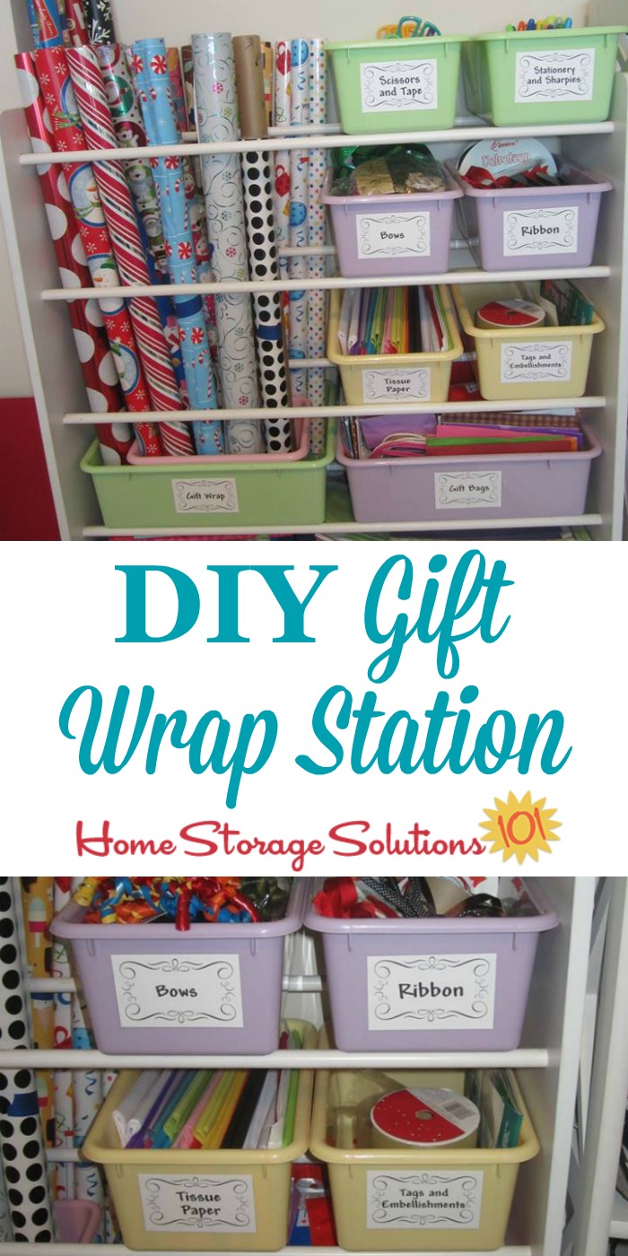 DIY wrapping paper organizer with ribbon holder