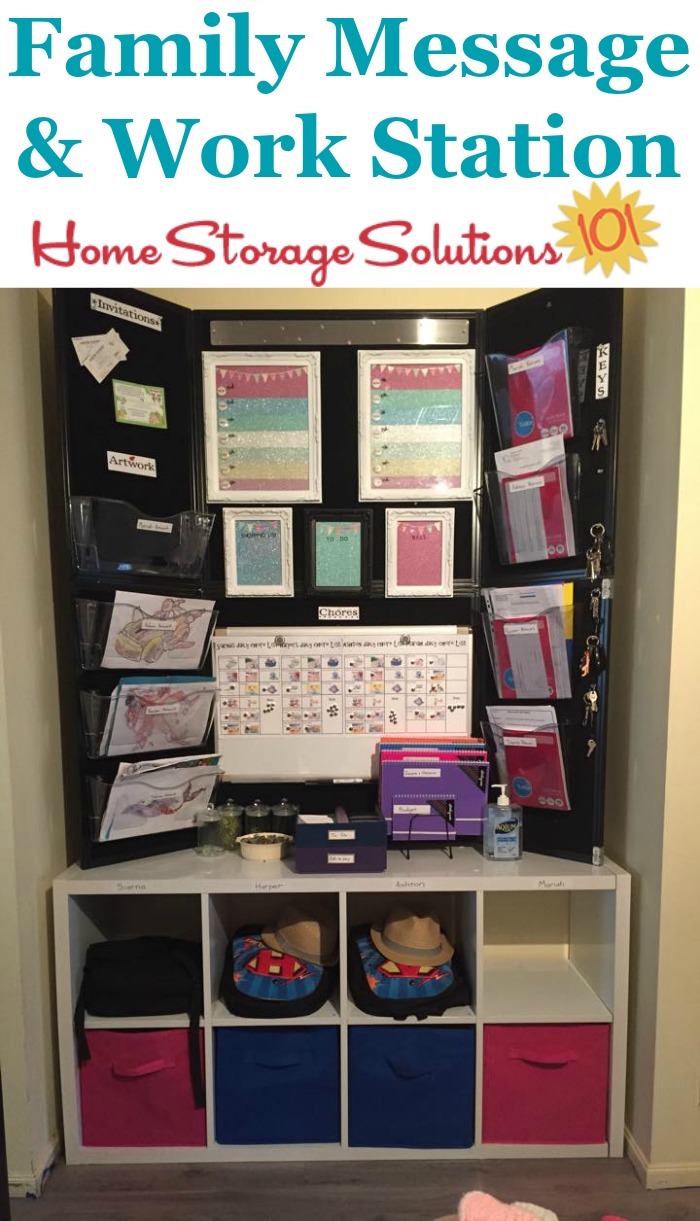 Family message and workstation, used as a command center for chores, to do lists, paperwork and school stuff {featured on Home Storage Solutions 101}