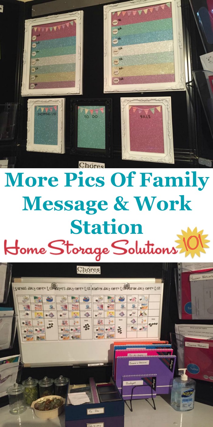Detailed look at family message and workstation, used as a command center for kids chores, to do lists, menu planning and more {featured on Home Storage Solutions 101}