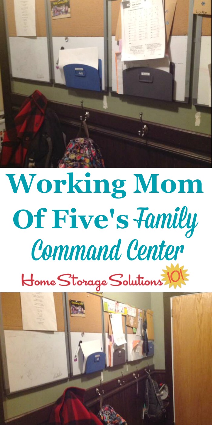 Family command center used by a working mom of 5 to keep up with her kids school papers, sports schedules and other school stuff {featured on Home Storage Solutions 101}