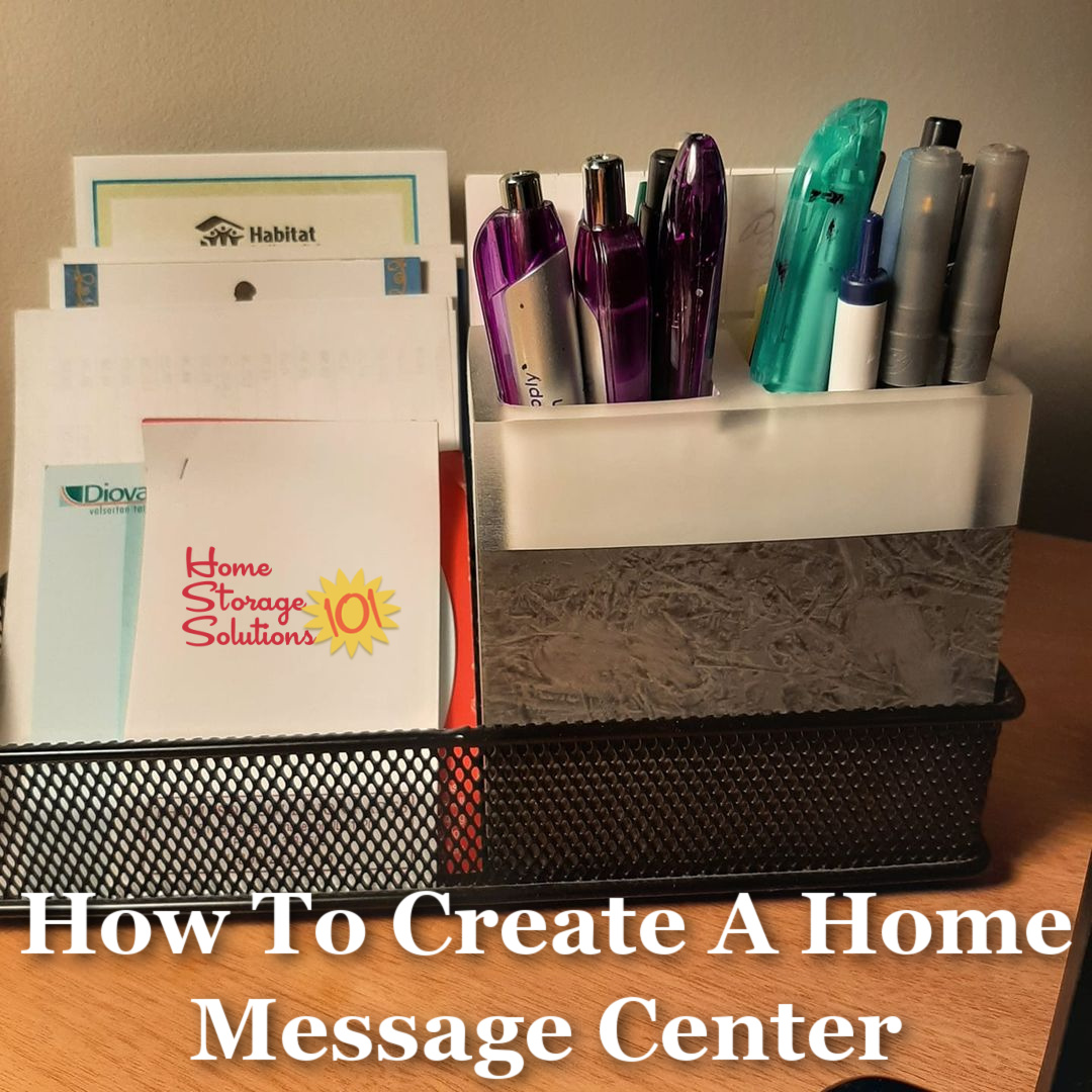 Telephone and home message center, with a 'pen holder' from a repurposed toothbrush holder {featured on Home Storage Solutions 101}
