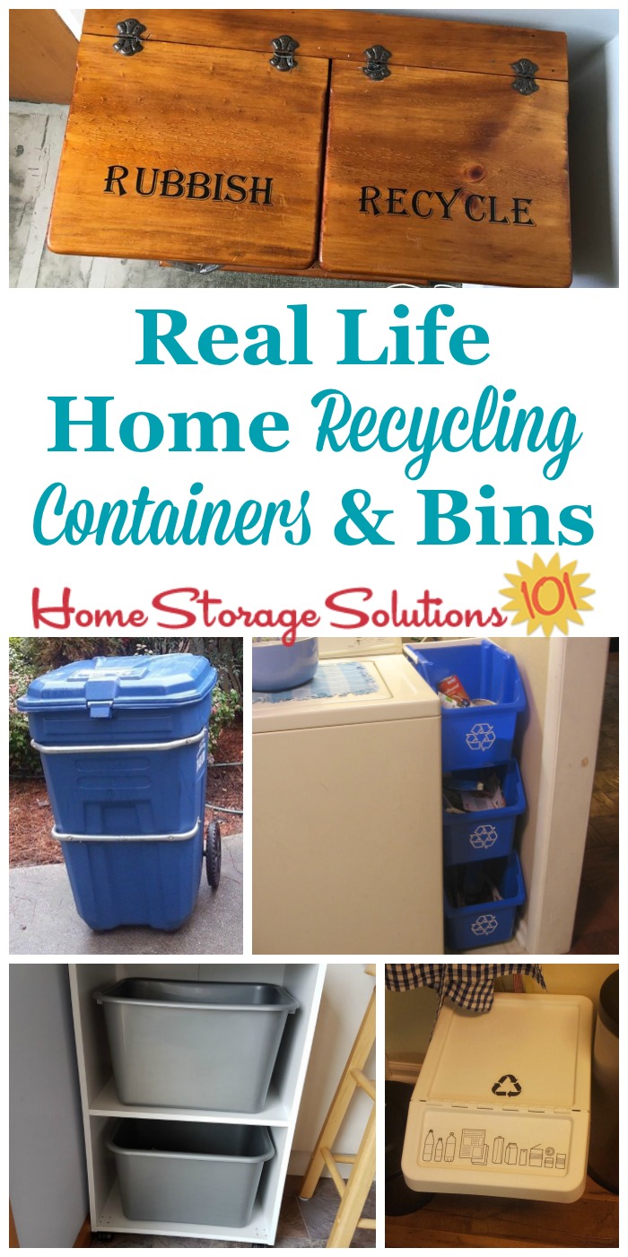 Lots of real life home recycling containers and bins, as shown in use in people's homes, to show you practical ways to organize your recyclables in your kitchen and elsewhere in your home {on Home Storage Solutions 101} #OrganizingTips #OrganizedHome #Recycling