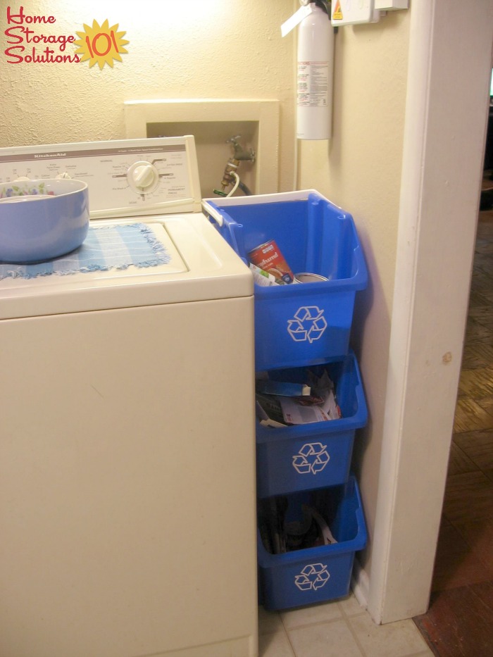 Stacked recycling bins for sorting recyclables in a narrow space, such as here in the laundry room {featured on Home Storage Solutions 101}