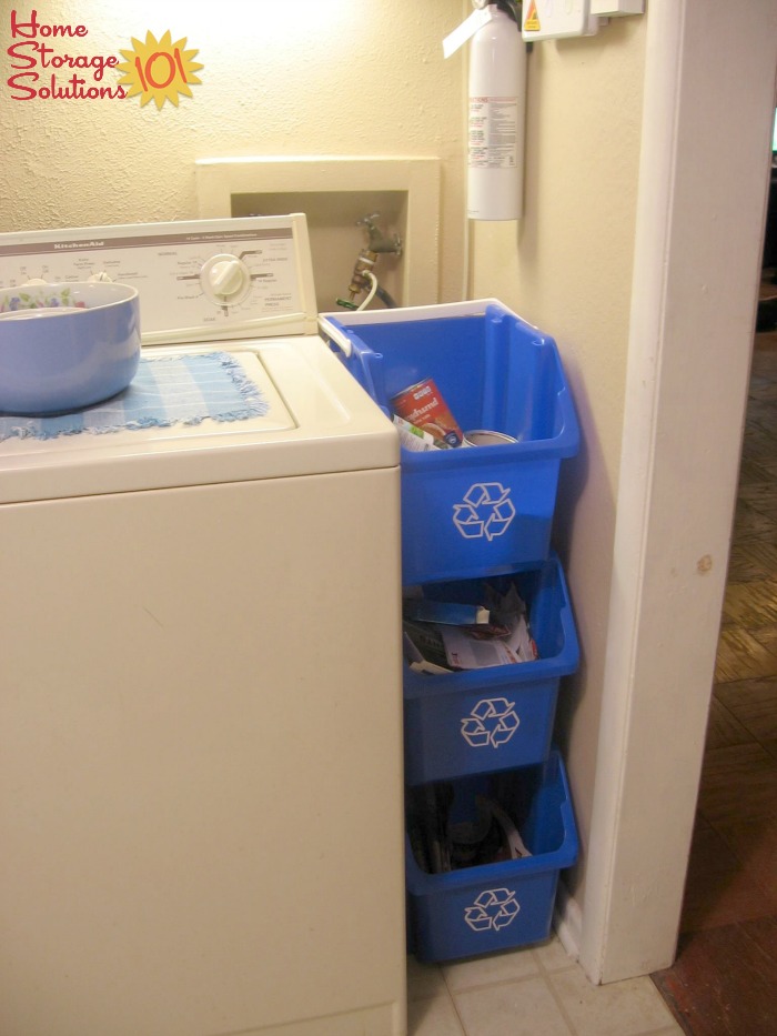 Stacked recycling bins for sorting recyclables in a narrow space, such as here in the laundry room {featured on Home Storage Solutions 101} Stacked recycling bins for sorting recyclables in a narrow space, such as here in the laundry room {featured on Home Storage Solutions 101}