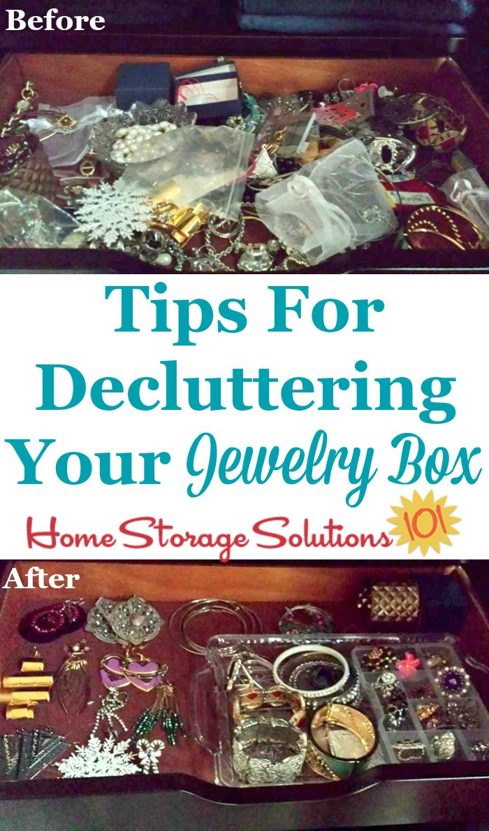 Tips for decluttering your jewelry box, including questions to ask and tips for dealing with sentimental clutter {on Home Storage Solutions 101}