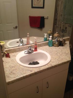 I would LOVE any advice on how to organize our bathroom sink area!! So  embarrassing…our sink area has no wall space but we have all this countertop  between two sinks so shit