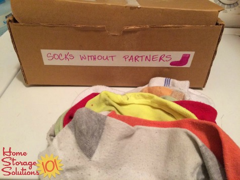 Socks without partners box for holding unmated socks until find the pair {featured on #HomeStorageSolutions101}