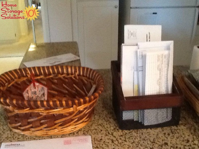 Key basket and mail basket, on the kitchen counter, to keep items that you walk into the house with organized {featured on Home Storage Solutions 101}