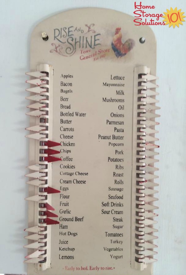 Vintage running grocery list sign to keep track of what you've run out of and need to buy more of at the store {featured on Home Storage Solutions 101}