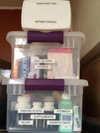 plastic storage containers for medications and first aid supplies