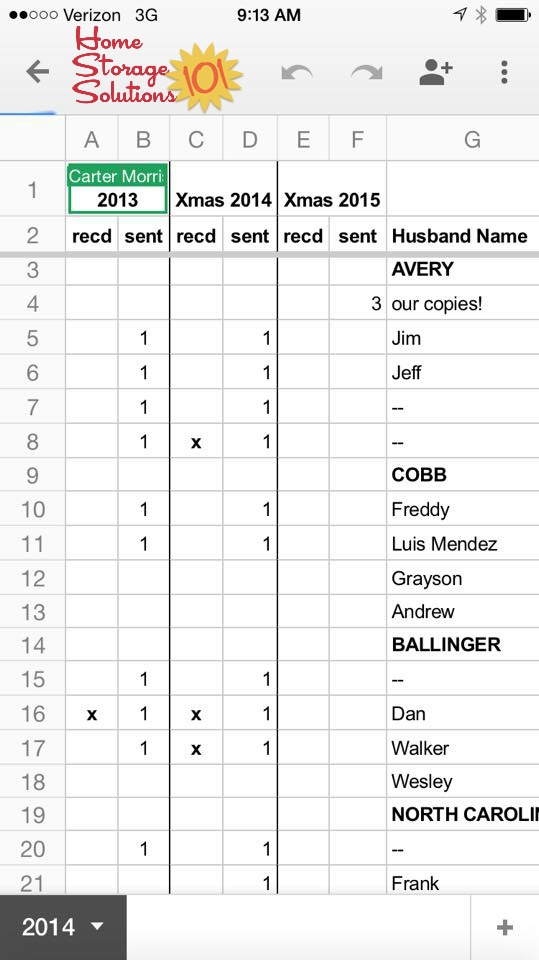 Using a Google Docs spreadsheet to organize contact information for addresses and similar information for use with Christmas cards and other mail related communications {featured on Home Storage Solutions 101}