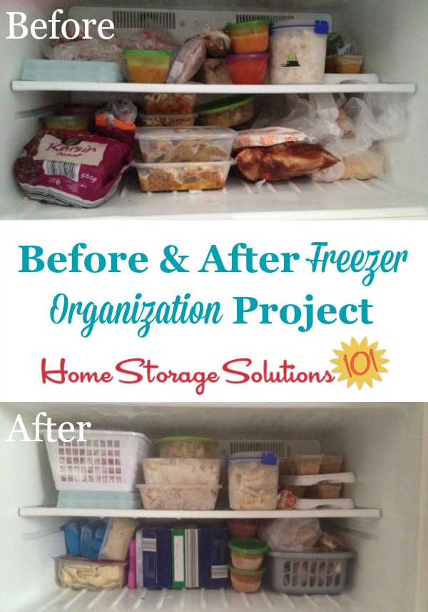 Before and after freezer organization project, shown by a reader, Sarah, who took the Organize Freezer Challenge on Home Storage Solutions 101