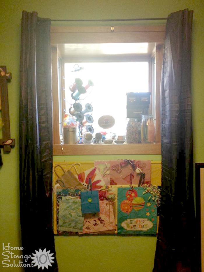 How Melinda stores gift bags in her home, plus organizing ribbons on spools {on Home Storage Solutions 101} How Melinda stores gift bags in her home, plus organizing ribbons on spools {on Home Storage Solutions 101}