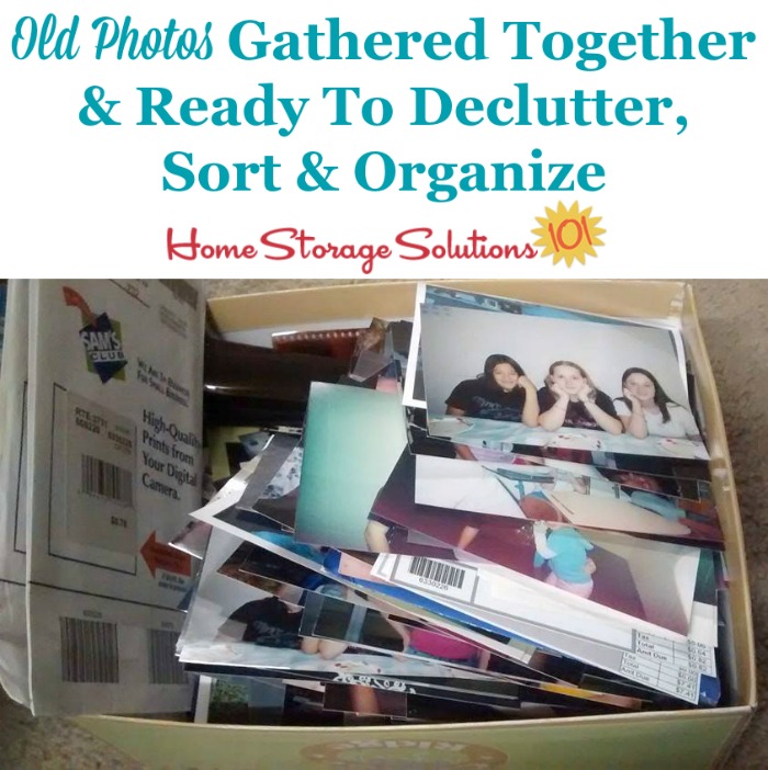 Box of old photos gathered together and ready to declutter, sort and organize {part of the process of organizing photographs, on Home Storage Solutions 101}
