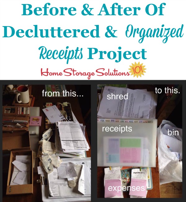 Sally's before and after when she took on a project to declutter and organize receipts in her desk {featured on Home Storage Solutions 101}