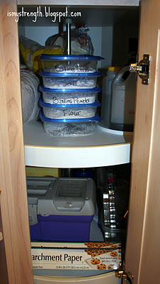 Organized lazy susan baking cupboard