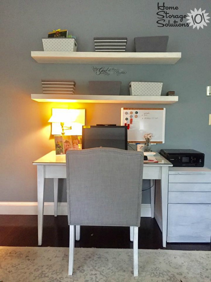 Organized home office space with floating shelves for extra storage {on Home Storage Solutions 101}