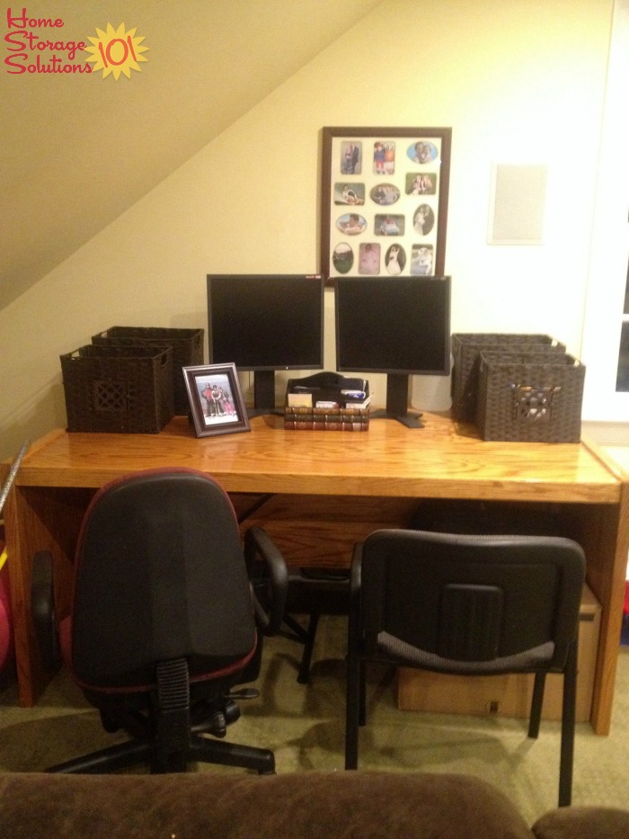 Organized and decluttered home office area in the living room {featured on Home Storage Solutions 101} Organized and decluttered home office area in the living room {featured on Home Storage Solutions 101}