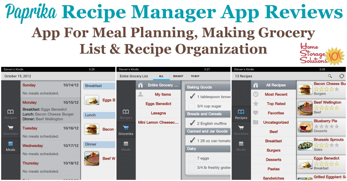Several reviews of the Paprika Recipe Manager app for both Apple and Android that helps with meal planning, making your grocery list, and recipe organization {on Home Storage Solutions 101}