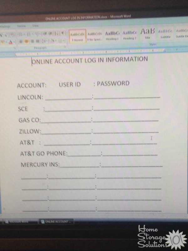Form used to keep track of accounts and passwords on the computer {featured on Home Storage Solutions 101}