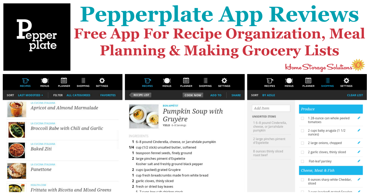 Reviews of the free Pepperplate app, available for both Apple and Android, that helps with recipe organization, meal planning and making your grocery list {on Home Storage Solutions 101}