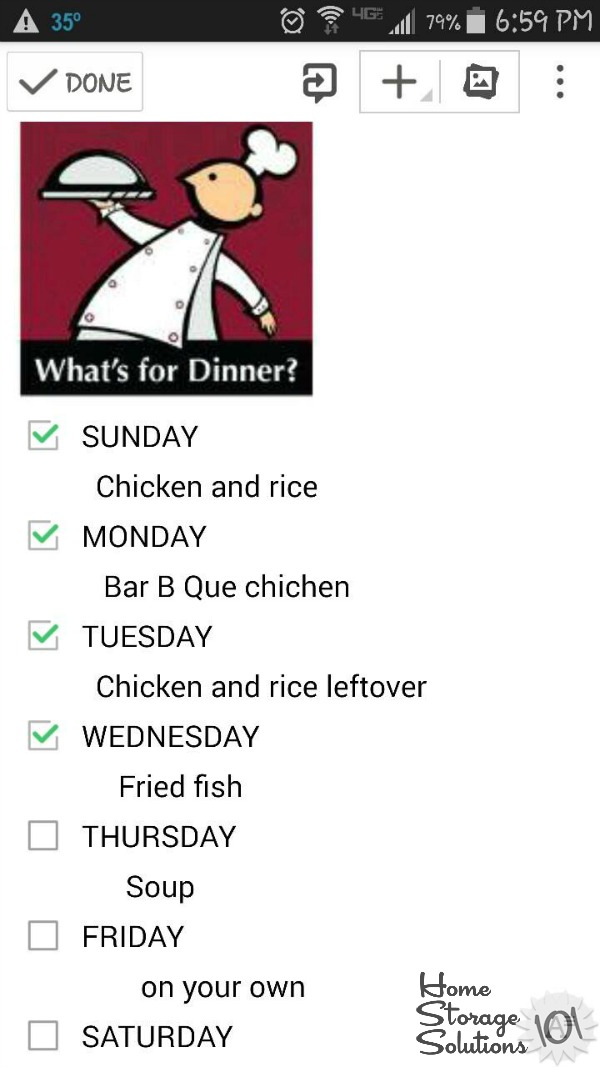 Plan your meals using a simple note in Evernote, and then share with your family {featured on Home Storage Solutions 101}