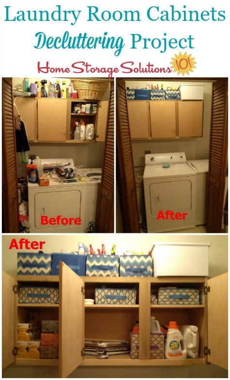 Before and after of project to declutter laundry room cabinets {featured on Home Storage Solutions 101}