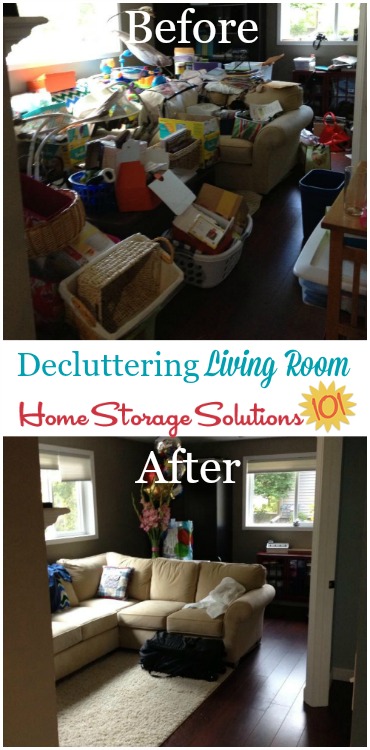 Before and after of major living room declutter sessions {featured on Home Storage Solutions 101}