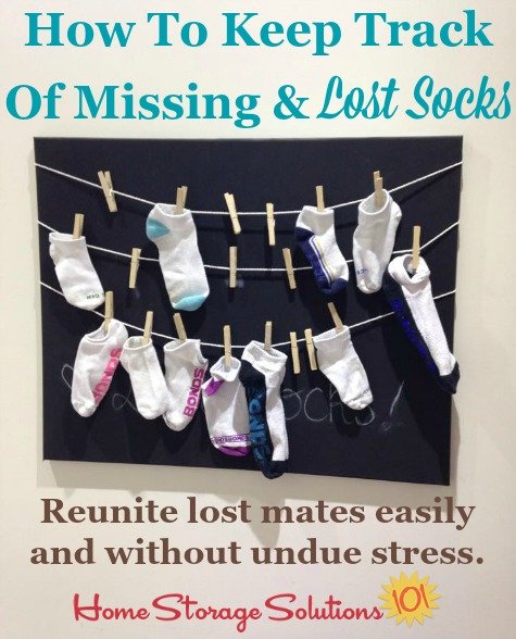 Tips and tricks for how to keep track of missing and lost socks, including multiple ways to hold unmated socks while looking for the lost one {on Home Storage Solutions 101} #LaundryTips #LaundryOrganization #SockOrganization