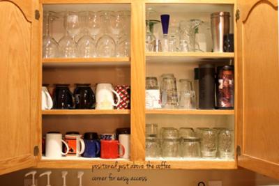 Easy to reach mugs & glasses close to the sink and coffee station