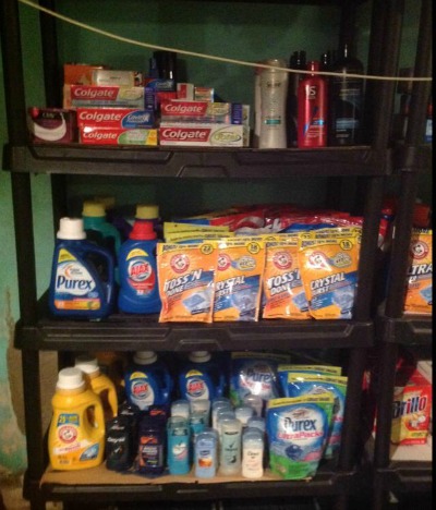 couponing stockpile organized on shelves