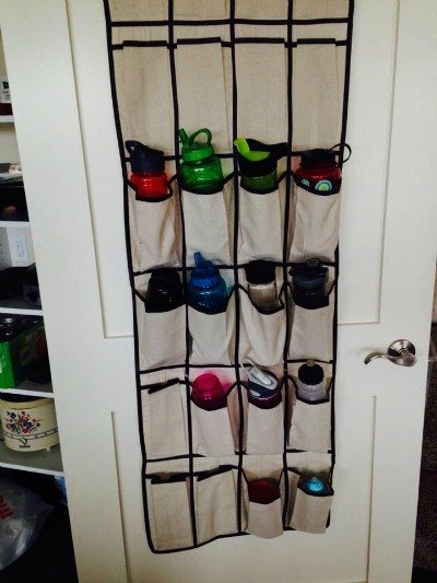 water bottle storage using an over the door shoe organizer