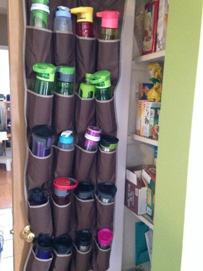 water bottle storage using an over the door shoe rack